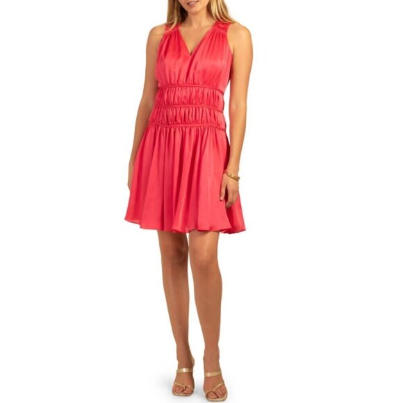 Trina Turk 'Islander' Shirred Satin Sleeveless Dress, Watermelon - Picture 1 of 4